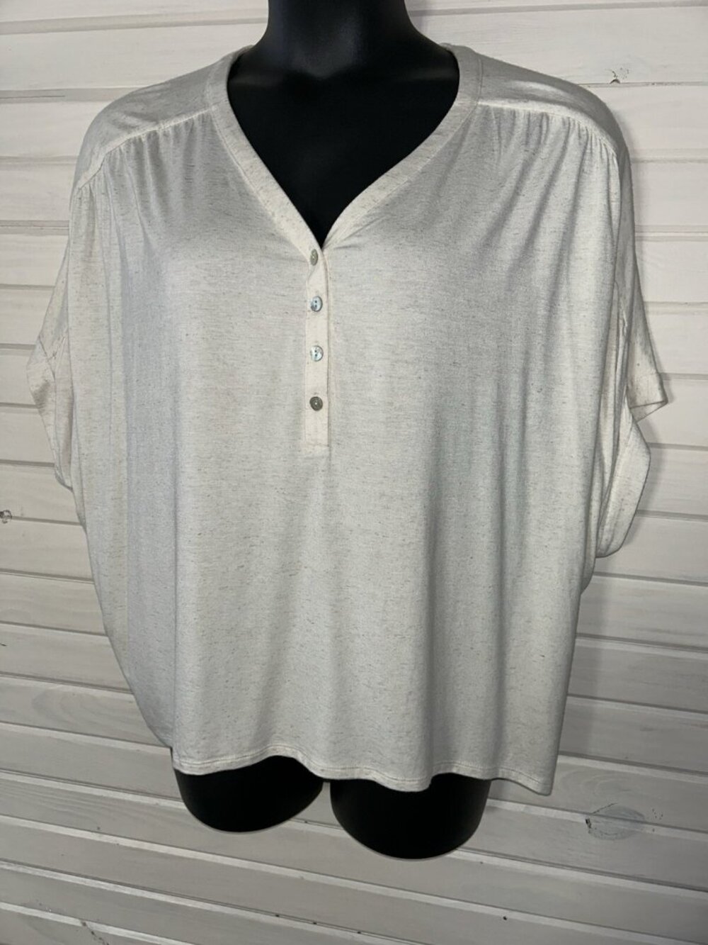 Chicos Sz 4 (XXL) Beige Linen Blend Dolman Sleeve Knit Top V-Neck EUC